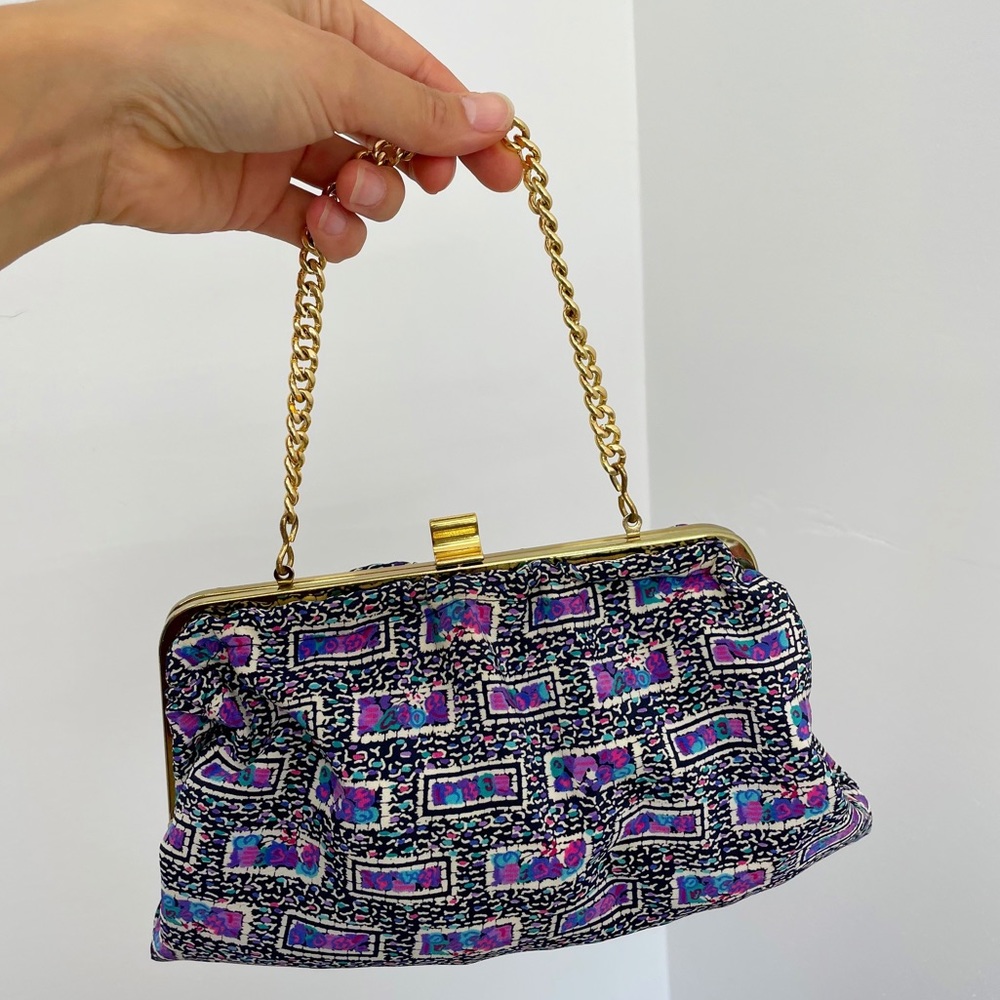 Vintage 70's Printed Gold Tone hardware Chain Strap Clutch Mini Top Hand Purse